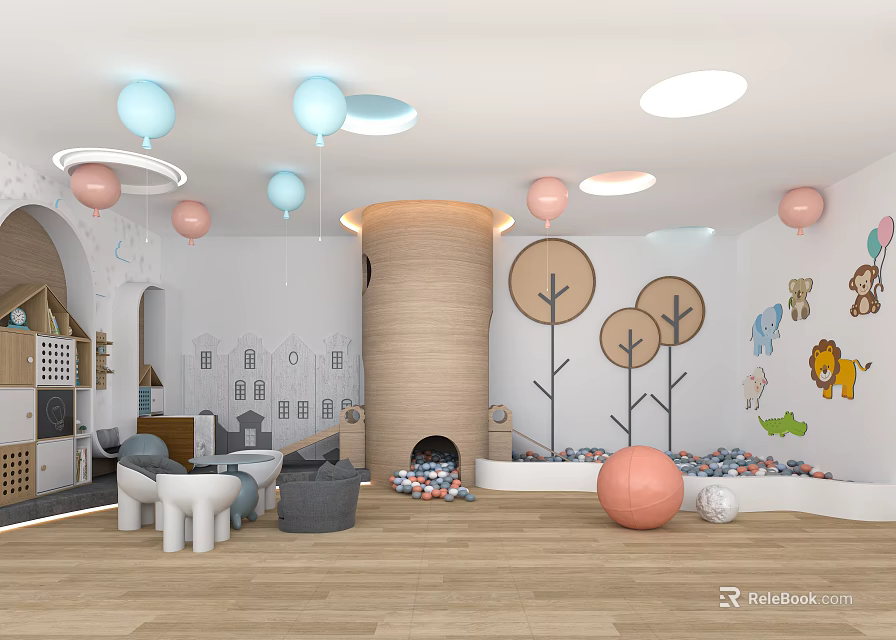 Cheerful Kindergarten Interior With Colorful Balloons And Play Area 3d model 