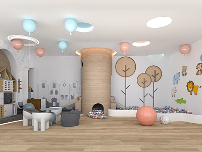 Cheerful Kindergarten Interior With Colorful Balloons And Play Area 3d model