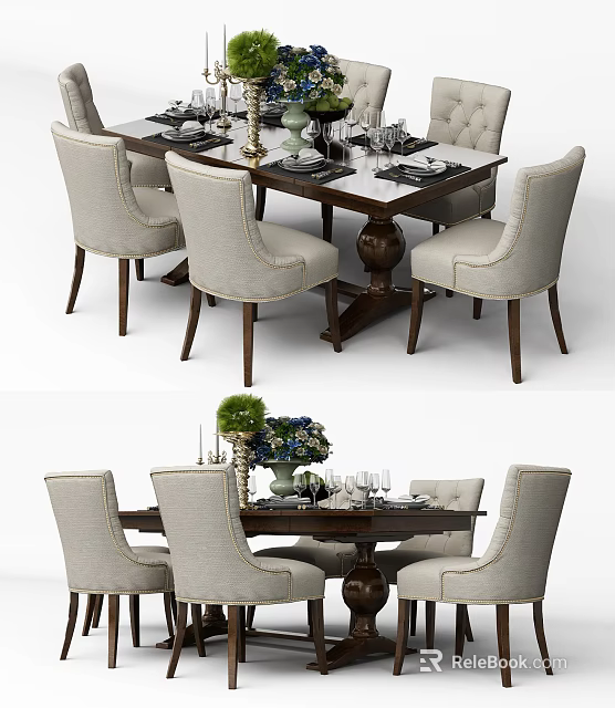 Elegant Dining Table Set With Upholstered Chairs Wooden Legs And Decorative Tableware 3d model