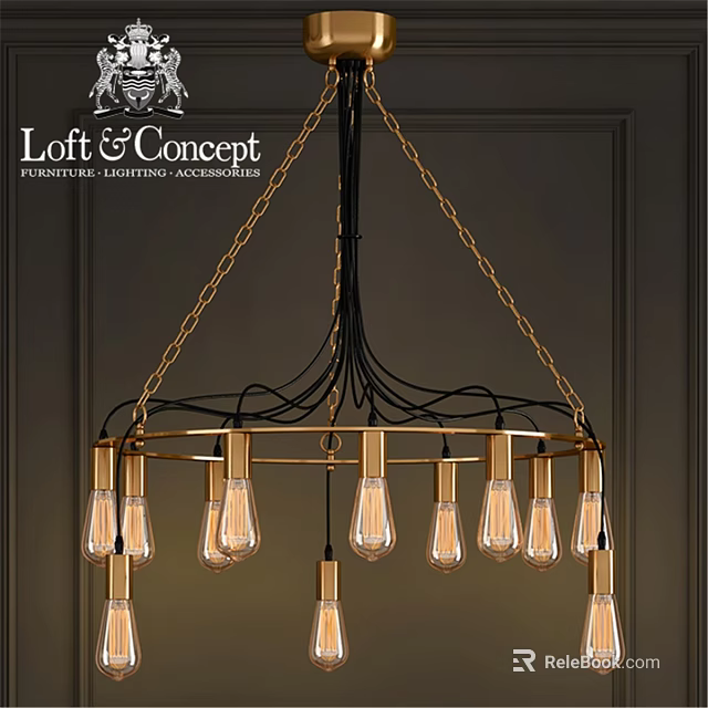Modern Circular Chandelier With Golden Chains And Exposed Bulbs For Interior Decor 3d model 