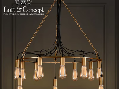 Modern Circular Chandelier With Golden Chains And Exposed Bulbs For Interior Decor 3d model