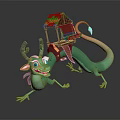 Colorful Horned Green Dragon Carrying Rider With Red Roof Pavilion On Back