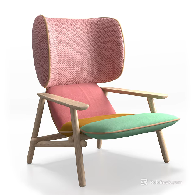 Modern Colorful Accent Chair With Pink Mesh Backrest Green Fabric Seat And Light Wood Arms 3d model 