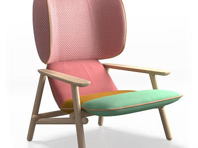 Modern Colorful Accent Chair With Pink Mesh Backrest Green Fabric Seat And Light Wood Arms 3d model