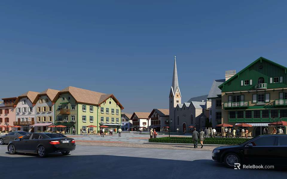 Vibrant Commercial Street with Colorful Buildings Spire Church Plaza Pedestrians and Cars 3d model 
