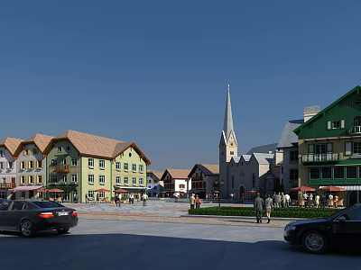 Vibrant Commercial Street with Colorful Buildings Spire Church Plaza Pedestrians and Cars 3d model