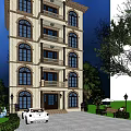 European Style Multi Story Detached Villa With Arched Windows White Car And Lush Greenery