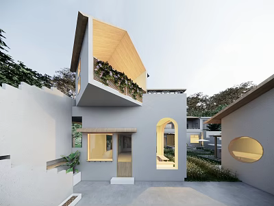 Modern Detached Villa With Wooden Roof Arched Windows And Courtyard Greenery 3d model