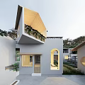 Modern Detached Villa With Wooden Roof Arched Windows And Courtyard Greenery