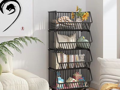 Multi tiered Black Metal Storage Shelf in Living Room with Decorative Items and Books 3d model