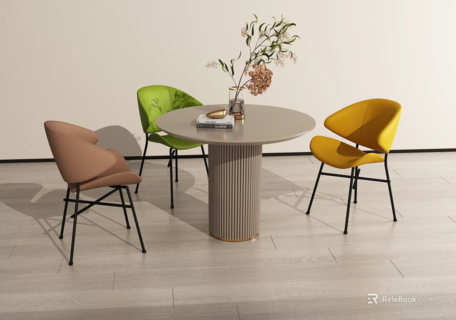 Round Dining Table With Ribbed Cylindrical Leg And Colorful Upholstered Chairs Set 3d model