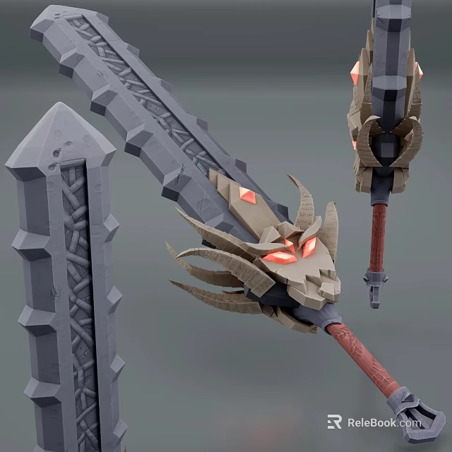 Fantasy Dragon Head Sword With Red Glowing Eyes And Carved Blade Design 3d model 