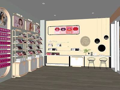 Cosmetics Store Interior With Shelves Displaying Lipsticks Cosmetics Counter And Wall Decor 3d model