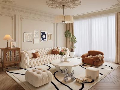 Elegant Beige Sofa Coffee Table Set With Brown Cushions Armchair White Round Table 3d model