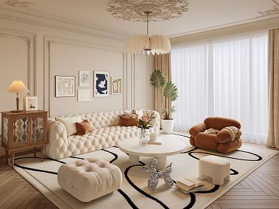 Cream Style Home Living Room Sofa Coffee Table Combination Single Sofa 3d model