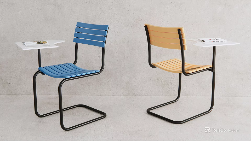 Modern Office Chairs With Blue Yellow Wooden Seat Backrest And Black Metal Frame 3d model 
