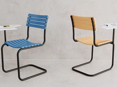 Modern Office Chairs With Blue Yellow Wooden Seat Backrest And Black Metal Frame 3d model
