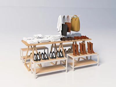 Stylish Display Shelves with Organized Clothes Bags Shoes and Boots in Retail Store 3d model