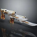 Ornate Gold And White Weapon Featuring Pistol And Blade With Intricate Metallic Design