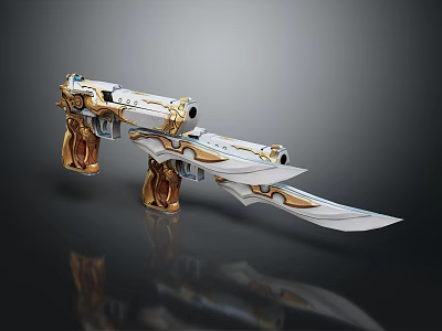 Ornate Gold And White Weapon Featuring Pistol And Blade With Intricate Metallic Design 3d model