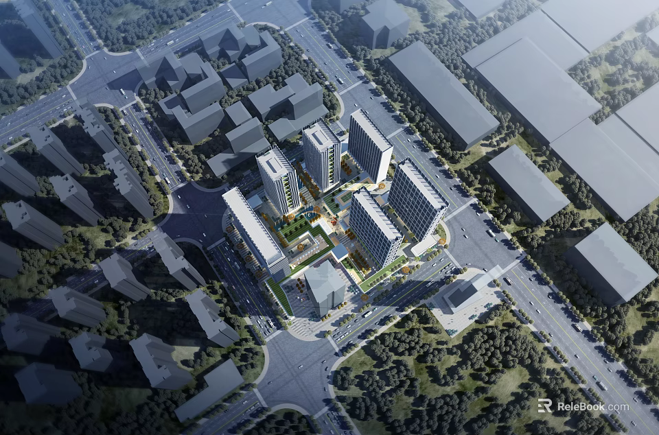 Aerial Planning of Urban Community With High Rise Buildings Road Networks and Green Spaces 3d model 
