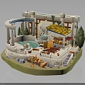 Whimsical Courtyard Scene With Pool Fountain Gazebo Plants Carriage Steps And Pots