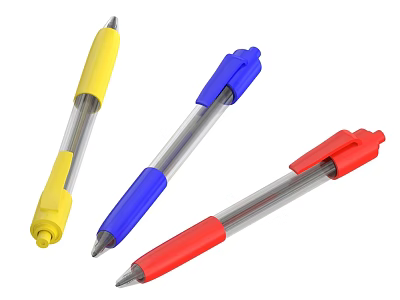 Colorful Retractable Ballpoint Pens With Transparent Body And Yellow Blue Red Caps 3d model