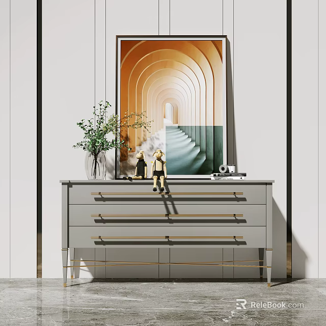 Modern Entryway Side Cabinet With Decorative Painting Green Plant And Drawers 3d model 