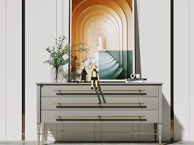 Modern Entryway Side Cabinet With Decorative Painting Green Plant And Drawers 3d model