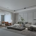 Modern Living Dining Room With Arched Ceilings Large Windows Beige Sofa And Orange Accent Chair