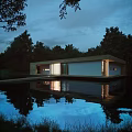 Modern Detached Villa Exterior Design With Scenic Water Reflection Surrounded by Trees