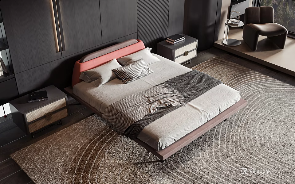 Modern Double Bed Bedroom Interior With Pink Headboard Gray Bedding Side Tables And Round Rug 3d model 
