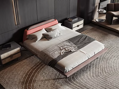 Modern Double Bed Bedroom Interior With Pink Headboard Gray Bedding Side Tables And Round Rug 3d model