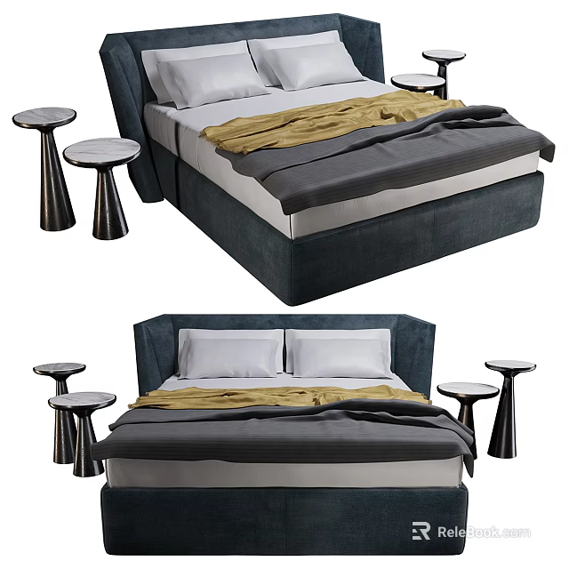 Modern Double Bed Design With Gray Bedding Yellow Throw And Round Side Stools 3d model