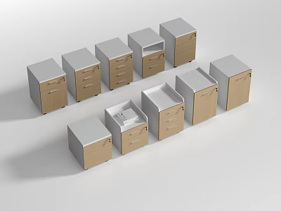Modern Storage Lockers With Various Designs Wooden And White Finishes Drawers And Cabinet Doors 3d model