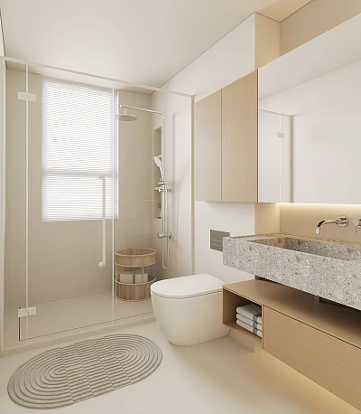 Modern Bathroom Interior With Glass Shower Door Blinds Marble Sink Countertop Wooden Cabinets And Towels 3d model
