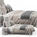 Double Bed With Tufted Headboard Beige Quilted Bedspread Decorative Pillows Throw Blanket And Nightstand