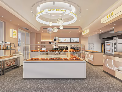 Modern Sweet Shop Interior Design With Glass Display Cases Fresh Baked Goods And Hanging Lights 3d model