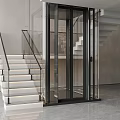 Modern Interior Staircase With Glass Railing Illuminated Steps And Elevator