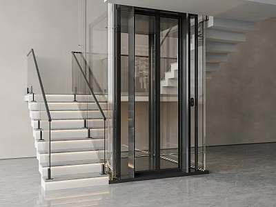 Modern Interior Staircase With Glass Railing Illuminated Steps And Elevator 3d model