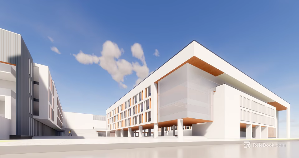 Modern White Multi storey Building With Glass Curtain Wall And Blue Sky 3d model 