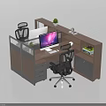 Wooden And Metal Office Desk Setup With Ergonomic Chairs Computer Monitor And Potted Plant
