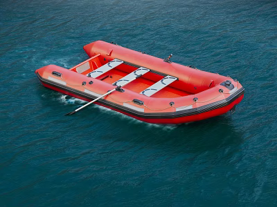 Red Inflatable Rescue Boat With Oars Floating On Blue Sea Surface 3d model