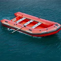 Red Inflatable Rescue Boat With Oars Floating On Blue Sea Surface 3d model