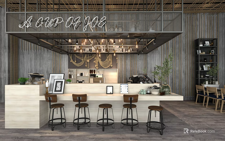 Cozy Restaurant With Open Bar Counter Bar Stools Wooden Wall Hanging Lights And Green Plants 3d model 