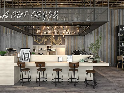 Cozy Restaurant With Open Bar Counter Bar Stools Wooden Wall Hanging Lights And Green Plants 3d model