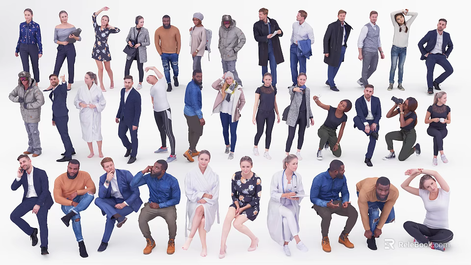 Group of Diverse People in Various Poses and Different Clothing Styles 3d model 