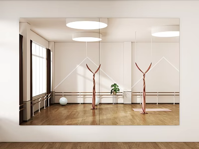 Fitness Studio Interior With Ballet Barres Yoga Ball Mirror Window Wooden Floor And Potted Plant 3d model