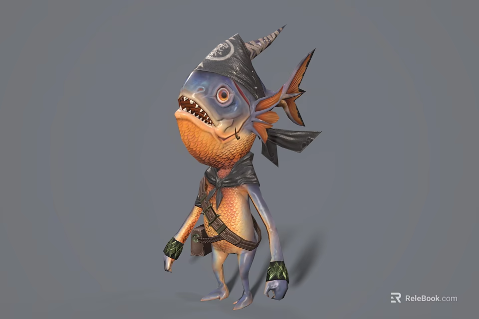 Horned Fish Like Game Movie Character With Fins Orange Body And Green Gloves 3d model 