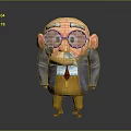 Animated 3D Game Movie Character Elderly Man With Large Glasses Mustache Gray Coat Yellow Pants